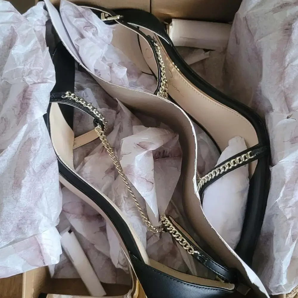 Jessica Simpson Qiven Chain T-Strap Dress Sandals,Black/Gold,9.5 - Picture 16 of 16